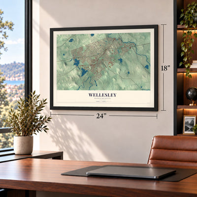 Wellesley, Massachusetts map, 18 x 24 inch print in a black frame in a home office