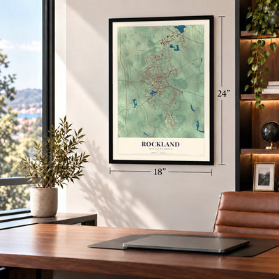 Rockland, Massachusetts map, 18 x 24 inch print in a black frame in a home office