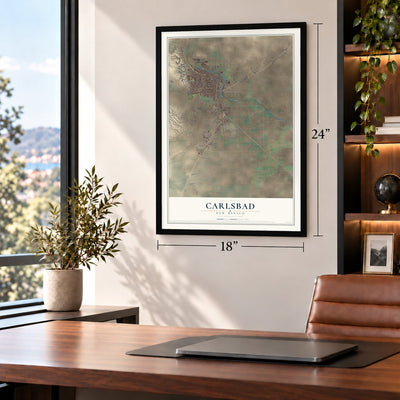 Carlsbad, New Mexico map, 18 x 24 inch print in a black frame in a home office