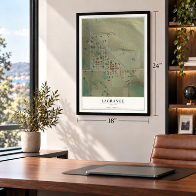 LaGrange, Wyoming map, 18 x 24 inch print in a black frame in a home office