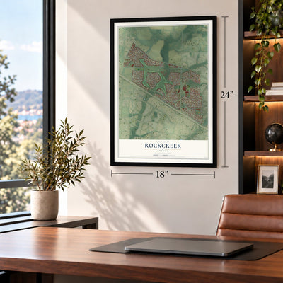 Rockcreek, Oregon map, 18 x 24 inch print in a black frame in a home office