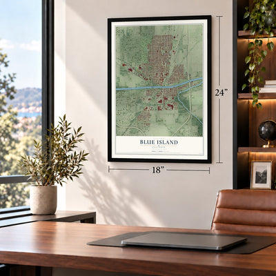 Blue Island, Illinois map, 18 x 24 inch print in a black frame in a home office