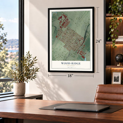 Wood-Ridge, New Jersey map, 18 x 24 inch print in a black frame in a home office