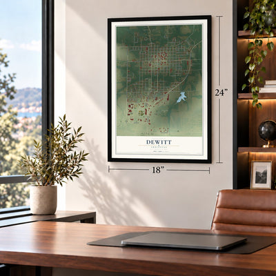 DeWitt, Arkansas map, 18 x 24 inch print in a black frame in a home office