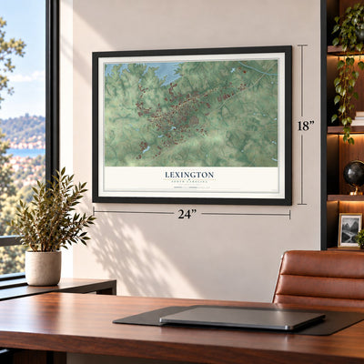 Lexington, South Carolina map, 18 x 24 inch print in a black frame in a home office