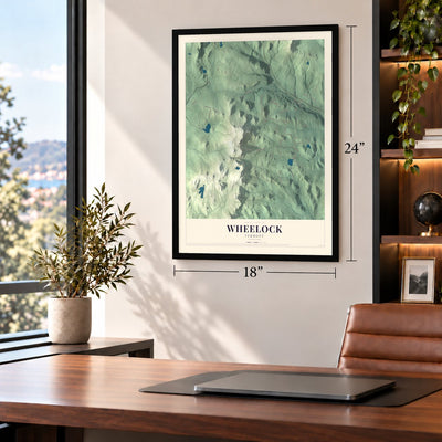 Wheelock, Vermont map, 18 x 24 inch print in a black frame in a home office