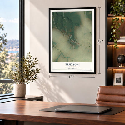 Truxton, Missouri map, 18 x 24 inch print in a black frame in a home office