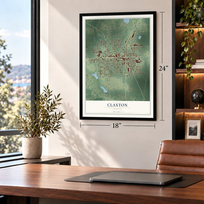 Claxton, Georgia map, 18 x 24 inch print in a black frame in a home office