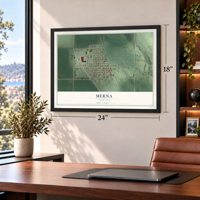 Merna, Nebraska map, 18 x 24 inch print in a black frame in a home office