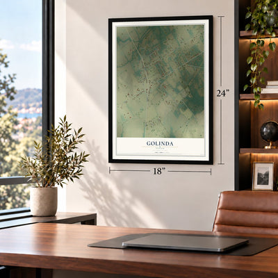 Golinda, Texas map, 18 x 24 inch print in a black frame in a home office