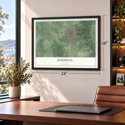 Marshall, Missouri map, 18 x 24 inch print in a black frame in a home office