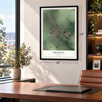 Preston, Maryland map, 18 x 24 inch print in a black frame in a home office