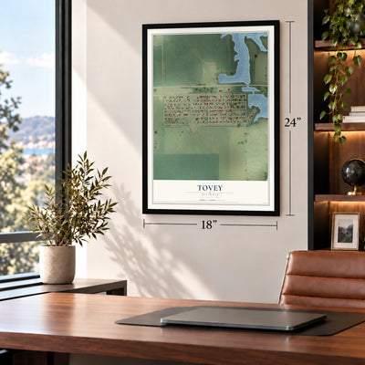 Tovey, Illinois map, 18 x 24 inch print in a black frame in a home office
