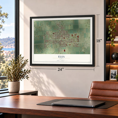 Elsa, Texas map, 18 x 24 inch print in a black frame in a home office