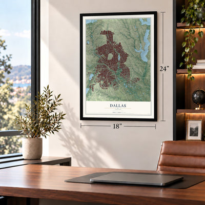 Dallas, Texas map, 18 x 24 inch print in a black frame in a home office