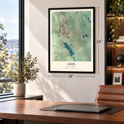 Avon, Massachusetts map, 18 x 24 inch print in a black frame in a home office