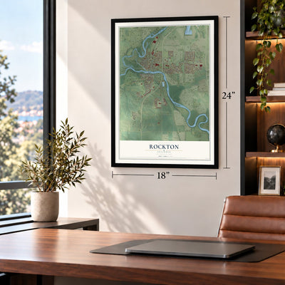 Rockton, Illinois map, 18 x 24 inch print in a black frame in a home office