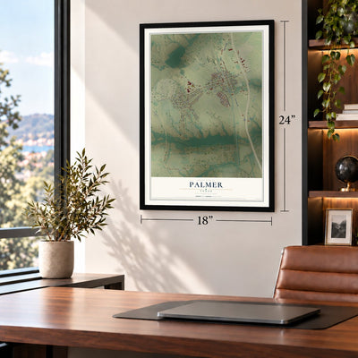 Palmer, Texas map, 18 x 24 inch print in a black frame in a home office