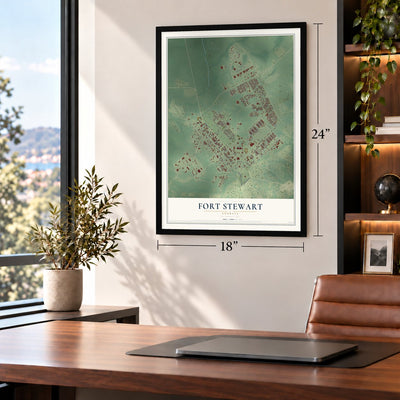 Fort Stewart, Georgia map, 18 x 24 inch print in a black frame in a home office