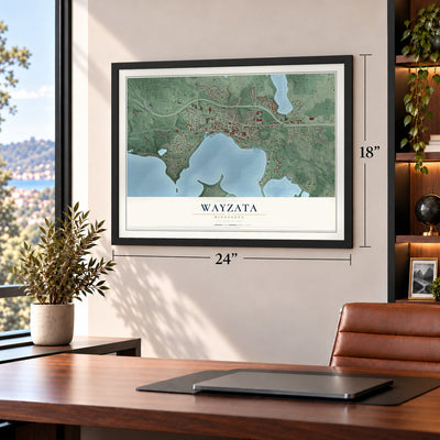 Wayzata, Minnesota map, 18 x 24 inch print in a black frame in a home office