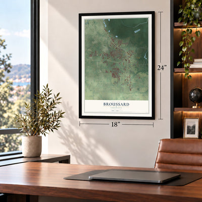 Broussard, Louisiana map, 18 x 24 inch print in a black frame in a home office