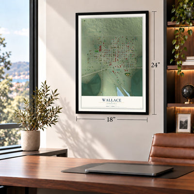Wallace, Nebraska map, 18 x 24 inch print in a black frame in a home office