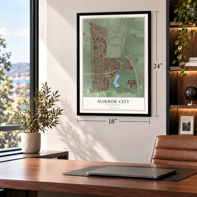 Harbor City, California map, 18 x 24 inch print in a black frame in a home office