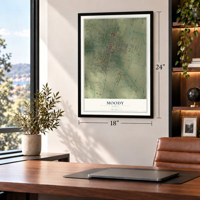 Moody, Texas map, 18 x 24 inch print in a black frame in a home office
