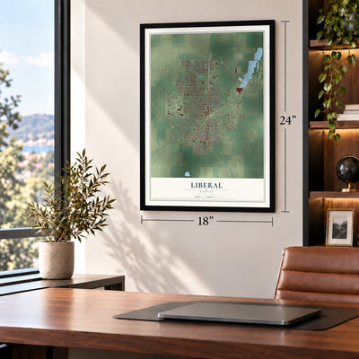 Liberal, Kansas map, 18 x 24 inch print in a black frame in a home office
