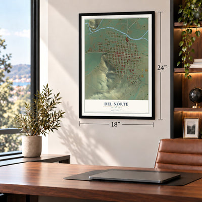 Del Norte, Colorado map, 18 x 24 inch print in a black frame in a home office