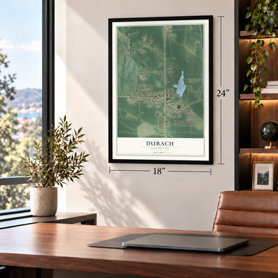 Dubach, Louisiana map, 18 x 24 inch print in a black frame in a home office