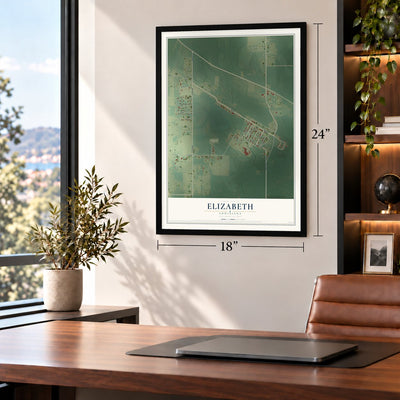 Elizabeth, Louisiana map, 18 x 24 inch print in a black frame in a home office
