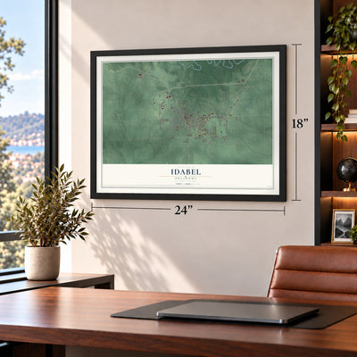Idabel, Oklahoma map, 18 x 24 inch print in a black frame in a home office