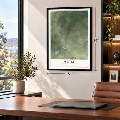 Poetry, Texas map, 18 x 24 inch print in a black frame in a home office