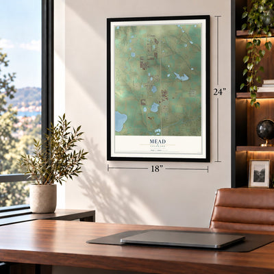 Mead, Colorado map, 18 x 24 inch print in a black frame in a home office