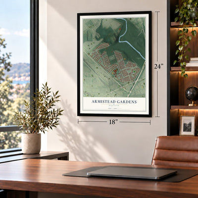 Armistead Gardens, Maryland map, 18 x 24 inch print in a black frame in a home office