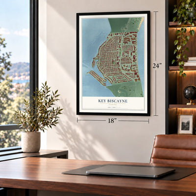 Key Biscayne, Florida map, 18 x 24 inch print in a black frame in a home office