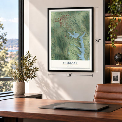Sherrard, Illinois map, 18 x 24 inch print in a black frame in a home office