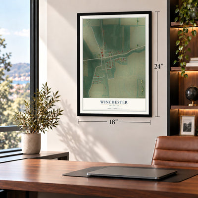 Winchester, Arkansas map, 18 x 24 inch print in a black frame in a home office