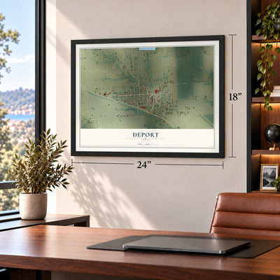 Deport, Texas map, 18 x 24 inch print in a black frame in a home office