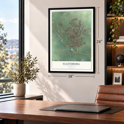 Ellensburg, Washington map, 18 x 24 inch print in a black frame in a home office