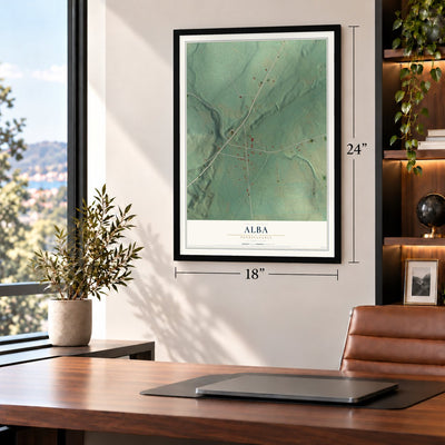 Alba, Pennsylvania map, 18 x 24 inch print in a black frame in a home office