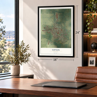 Tipton, Missouri map, 18 x 24 inch print in a black frame in a home office