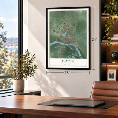 Portage, Wisconsin map, 18 x 24 inch print in a black frame in a home office