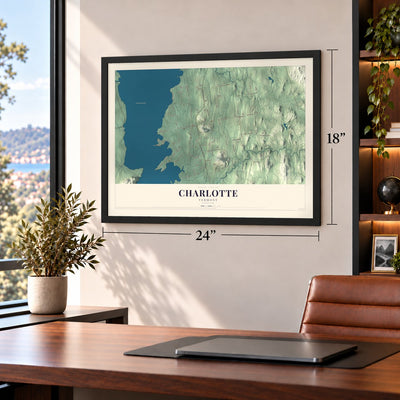 Charlotte, Vermont map, 18 x 24 inch print in a black frame in a home office
