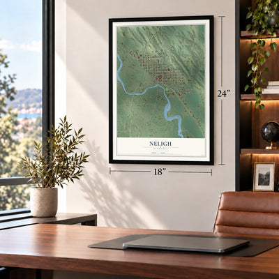 Neligh, Nebraska map, 18 x 24 inch print in a black frame in a home office
