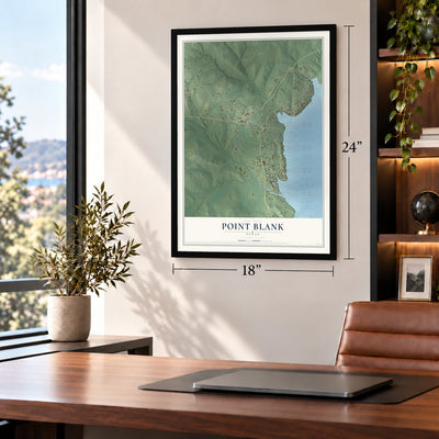 Point Blank, Texas map, 18 x 24 inch print in a black frame in a home office