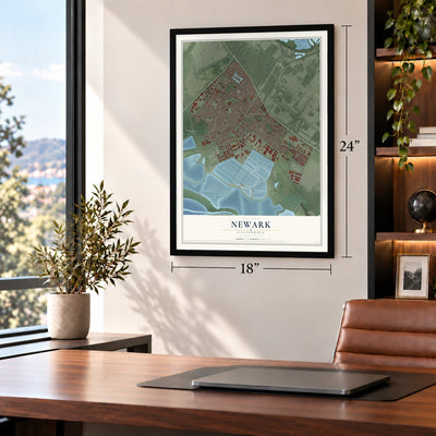 Newark, California map, 18 x 24 inch print in a black frame in a home office