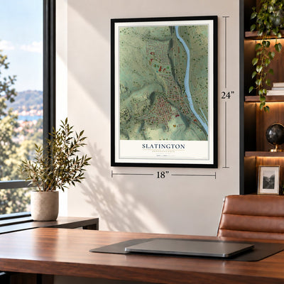 Slatington, Pennsylvania map, 18 x 24 inch print in a black frame in a home office
