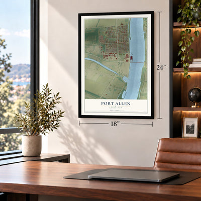 Port Allen, Louisiana map, 18 x 24 inch print in a black frame in a home office
